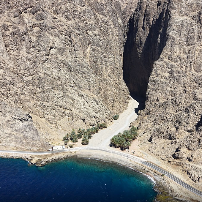 Aerial drone view of the Gulf of Aqaba from the mouth of Wadi Tayyib al Ism